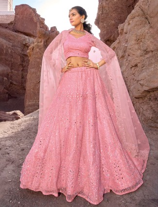 Pink net unstitched lehenga choli