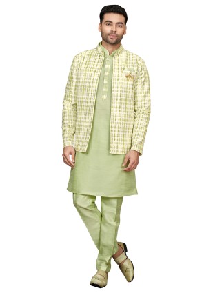 Stylish Pista Green Printed Silk Indowestern