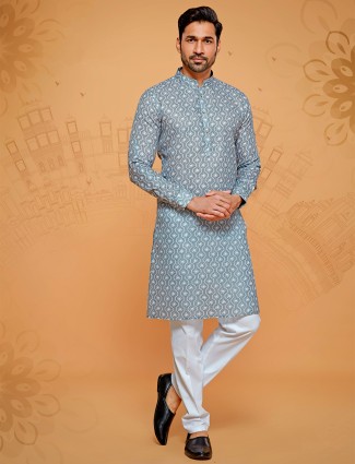 Grey linen cotton printed kurta suit