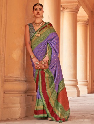 Violet silk printed saree for wedding