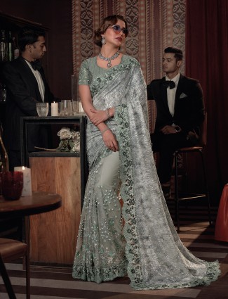 Sage green net wedding saree