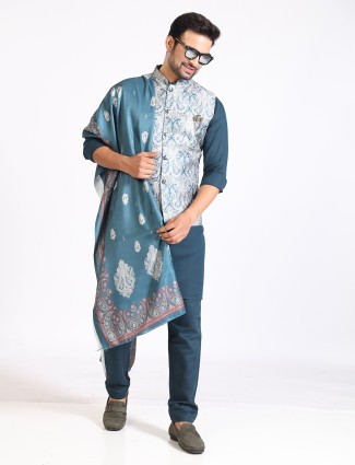 Trendy teal blue silk printed waistcoat set