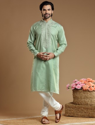 Pista green cotton silk kurta suit for festivals