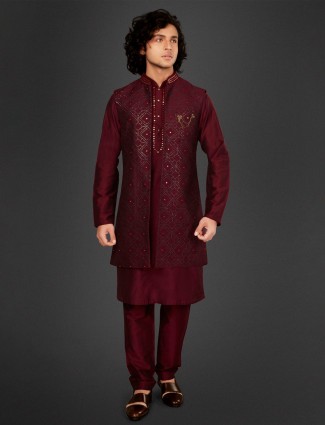 Maroon cotton silk waistcoat set for festive