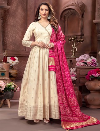 Floor length cream silk anarkali suit