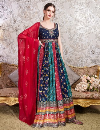 Printed navy silk floor length anarkali suit