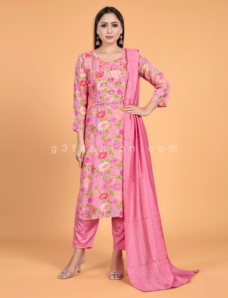 Floral Print Crepe Pink Pant Suit