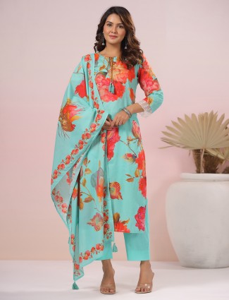 Aqua floral printed kurti set in cotton