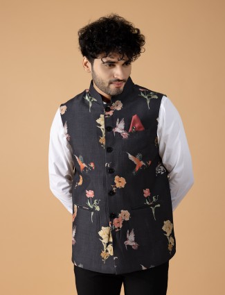 silk floral printed black waistcoat