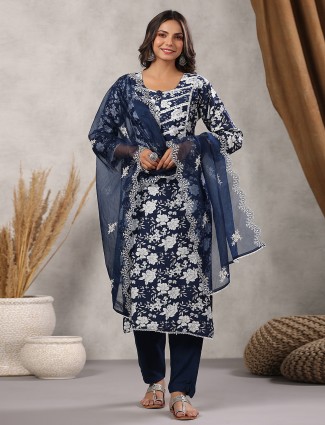 Floral Printed Navy Silk Kurti Set