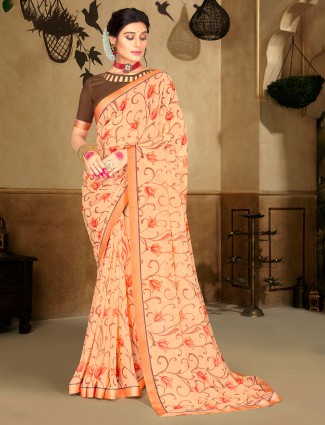 Peach georgette saree with floral print