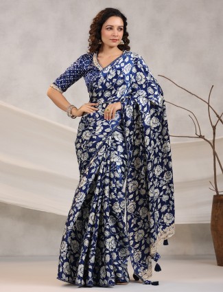 Royal blue floral printed saree in muslin silk