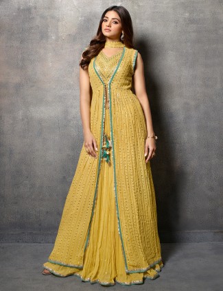 Dusty yellow jacket style lehenga choli