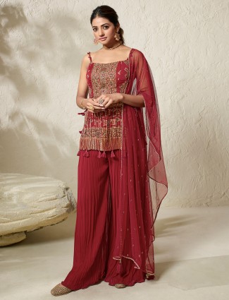 Printed georgette maroon palazzo suit