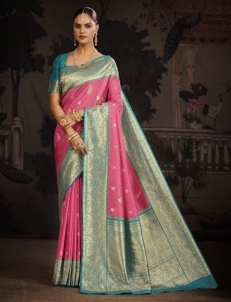 Pink banarasi silk saree with zari weaving