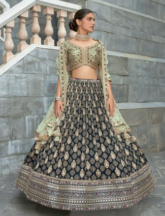 Green and black lehenga choli in georgette