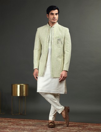 Green and cream indowestern in silk
