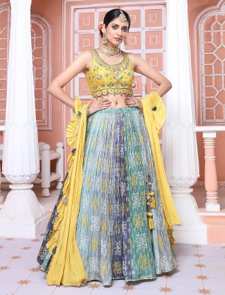 Yellow and green printed silk lehenga choli