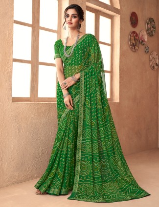 Green chiffon printed saree