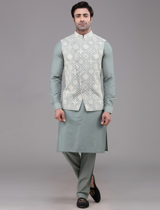 Green Silk Lucknowi Thread Woven Waistcoat Set