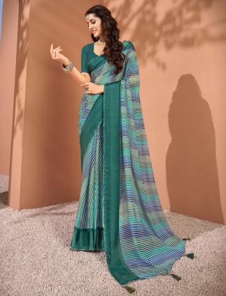 Green shaded viscose saree with stripe pattern