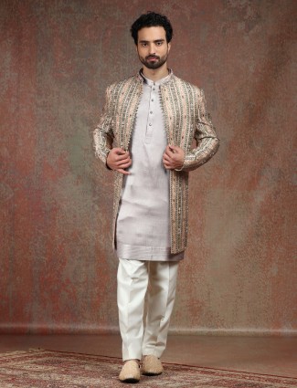 Grey and beige silk printed indowestern