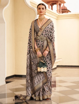 Grey and black printed silk saree