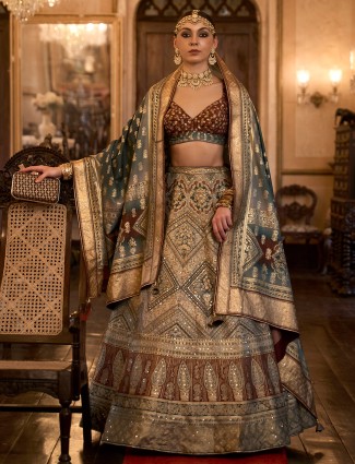 Grey and brown printed silk lehenga choli