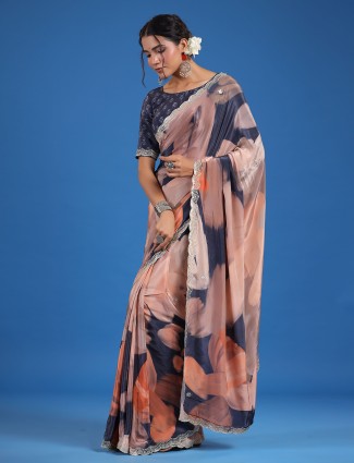 Grey and peach printed saree