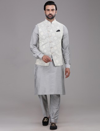 Grey Silk Chikan Waistcoat Set