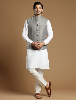 Festive Grey Cotton Silk Waistcoat Set for Men