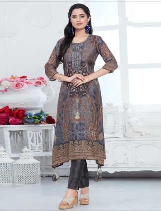 Digital printed grey a-line kurti