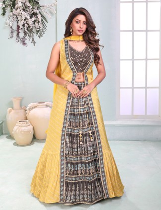 Printed grey jacket style lehenga choli