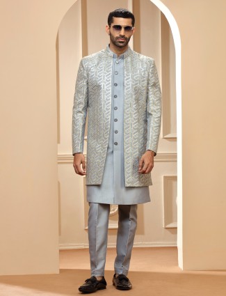 Raw silk grey indowestern for reception
