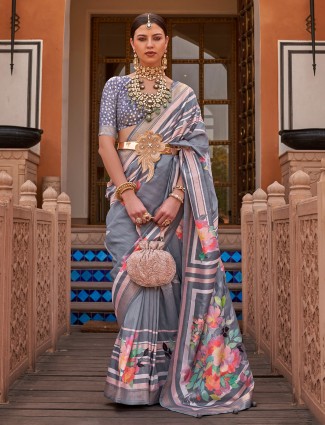 Grey silk saree with zari weaving border