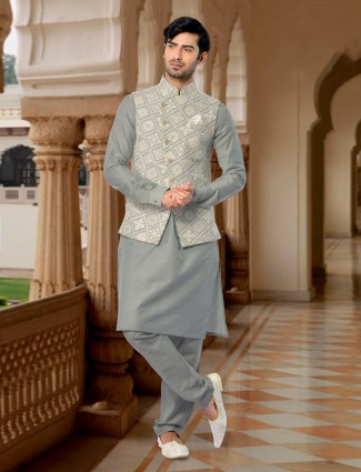 Elegant grey silk wedding waistcoat set