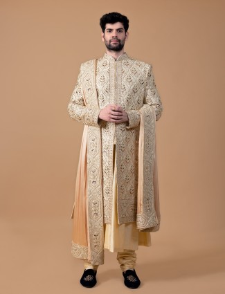 Groom raw silk beige sherwani