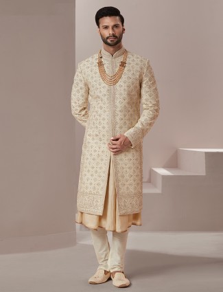 Raw silk beige groom and wedding sherwani