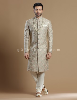 Fawn beige raw silk groom wear sherwani