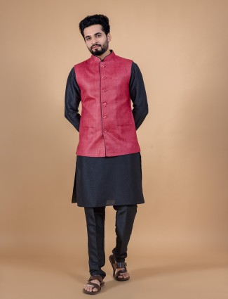 Classic coral pink jute silk waistcoat set