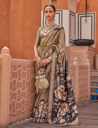 Floral printed khaki silk saree