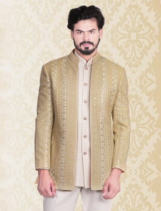 Silk khaki indowestern for wedding