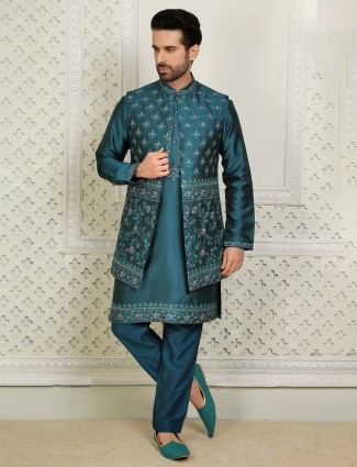 Rama Green Silk Indowestern for Wedding