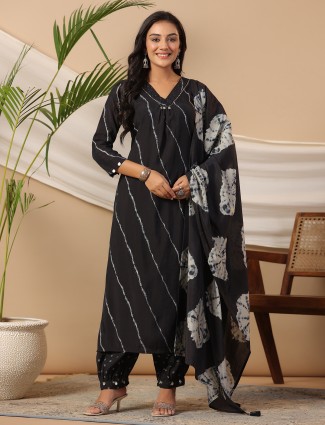 Black cotton printed kurti set with dupatta