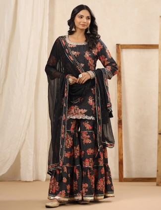 Black Silk Printed Sharara Set