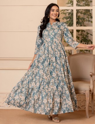 Cotton printed blue long kurti