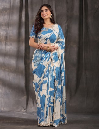 Trendy blue printed muslin saree