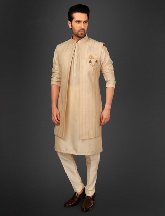 Cream cotton silk waistcoat set for men