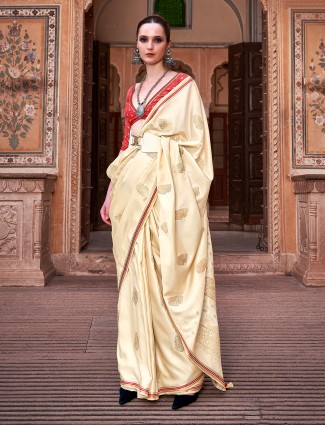 Cream satin saree for festive