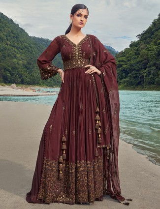 Embroidered maroon georgette palazzo suit